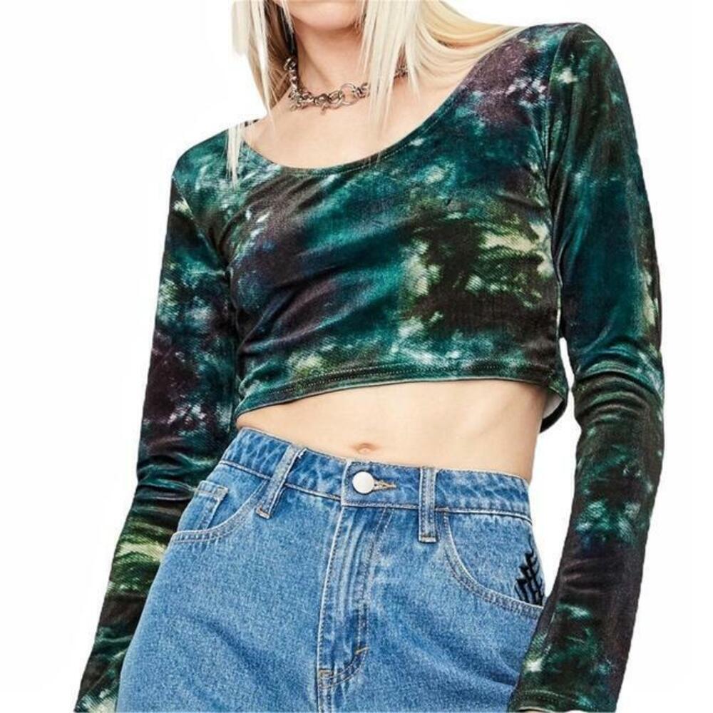Urban Outfitters BDG Scoop Neck Velvet Crop In Dye Green Top Made In UK Size L